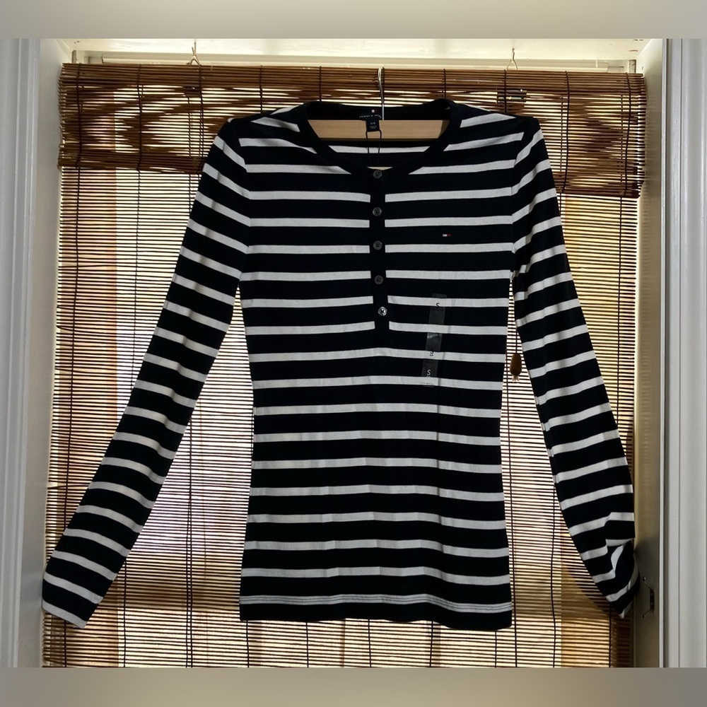 Tommy Hilfiger Blue and White Striped Long Sleeve Tee